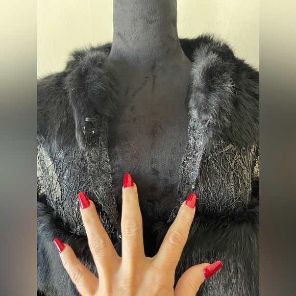NWT Alberto Makali 100% rabbit fur w/ lace/sequin combo jacket, size L - Picture 5 of 13